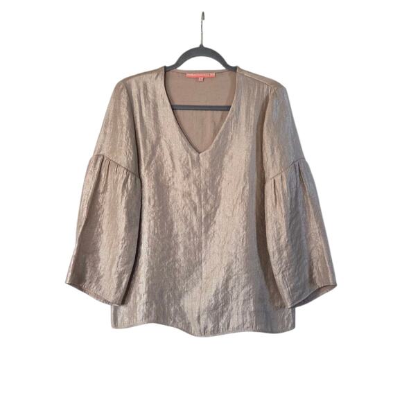 Vilagallo Cream Gold Sheen Shiny Flowy Boho Chic Peasant Top Blouse, Size Large - Picture 1 of 10